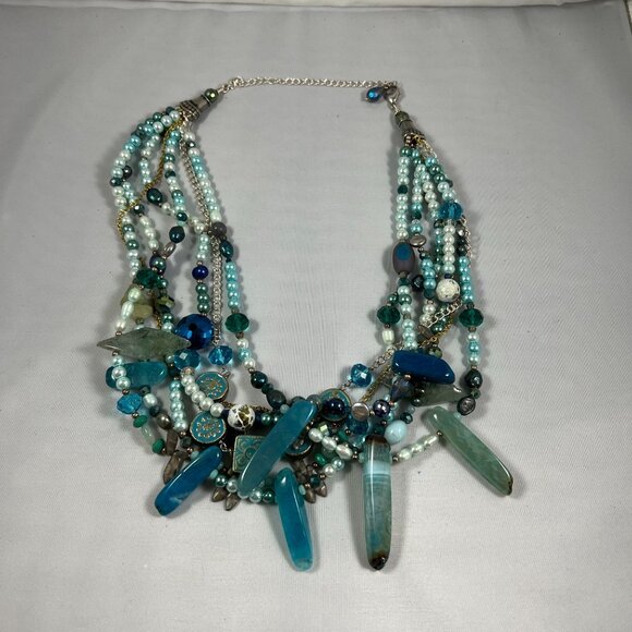 Layered Blue and Blue/Green Beaded Statement Necklace - Picture 1 of 2